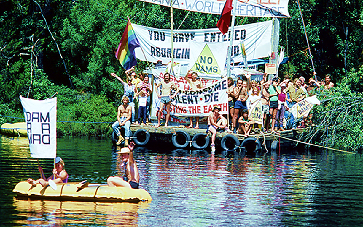 The Franklin River blockade: Australians are experienced in peaceful, disruptive direct action as advocated by Extinction Rebellion. Image: Jerry De Gryse, 1983, nla.gov.au/nla.cat-vn6978126