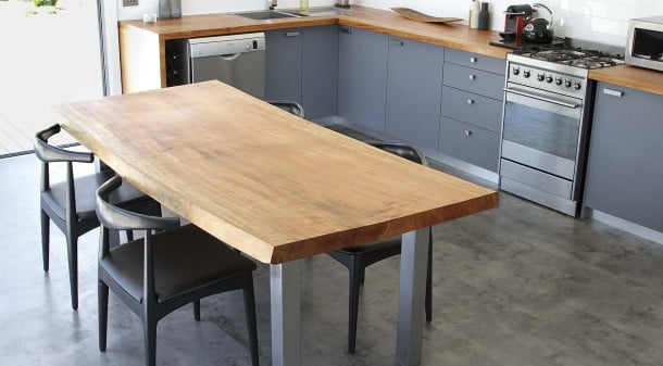 The kitchen benches and table were handcrafted by Sam from a single Tasmanian myrtle, milled and dried in north-west Tasmania close to where it was harvested from a friend’s property.
