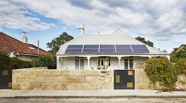 There is almost no hint of the rear addition from the front, but part of the 4.9kW solar system mounted on the verandah provides a clue to this home’s environmental credentials. 