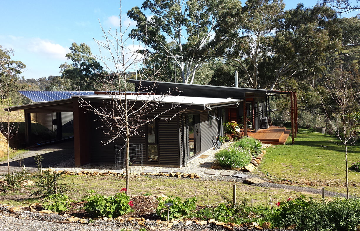 Kathy and Bob opened their passive solar off-grid home in Chandlers Hill, SA, on Sustainable House Day 2018, to share their owner-builder experience with visitors. Image: Kathy Menzel