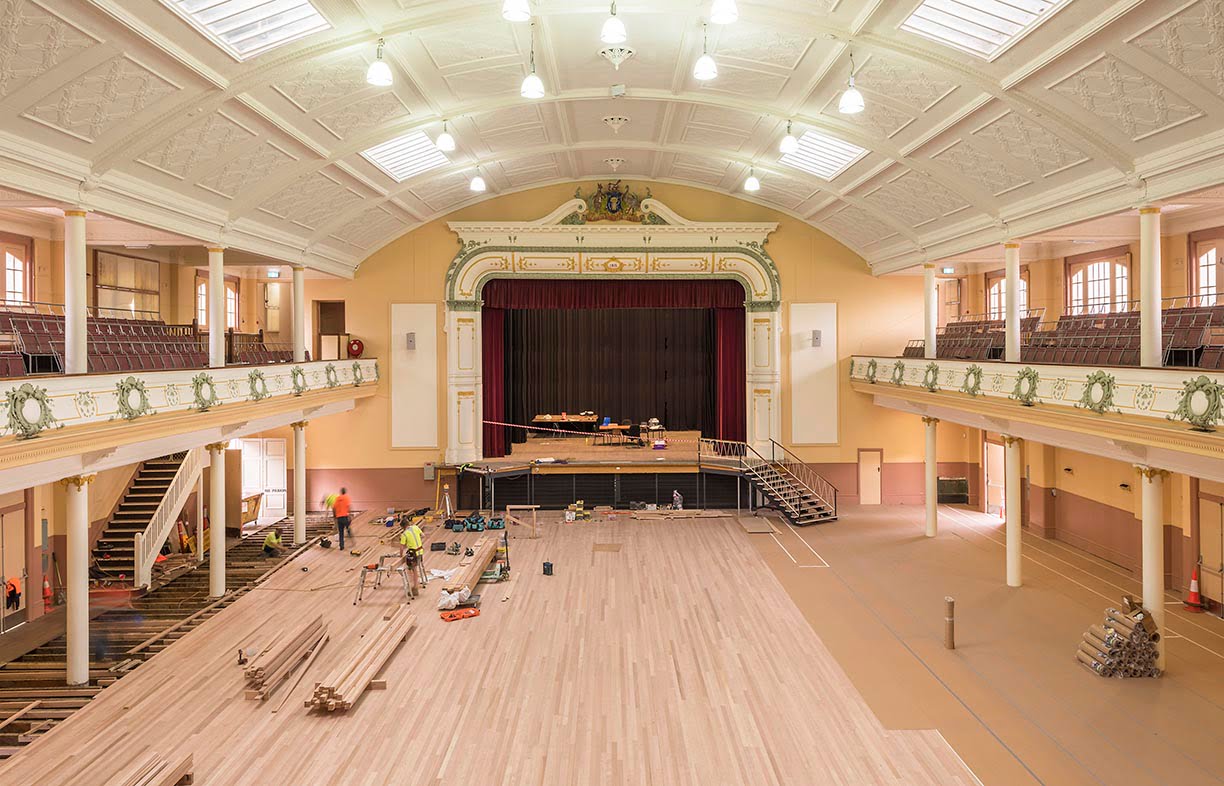 As part of the renewal works at the Hobart Town Hall, new 32mm Tasmanian Oak hardwood boards were installed to create a highly functional and long-lived floor.  