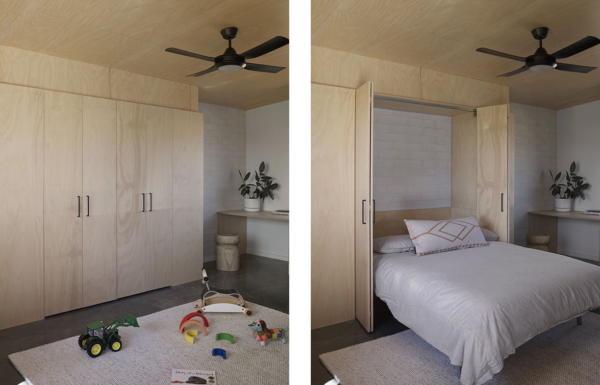 A neatly concealed fold-down bed makes the multipurpose study/rumpus room serviceable for guests too.
